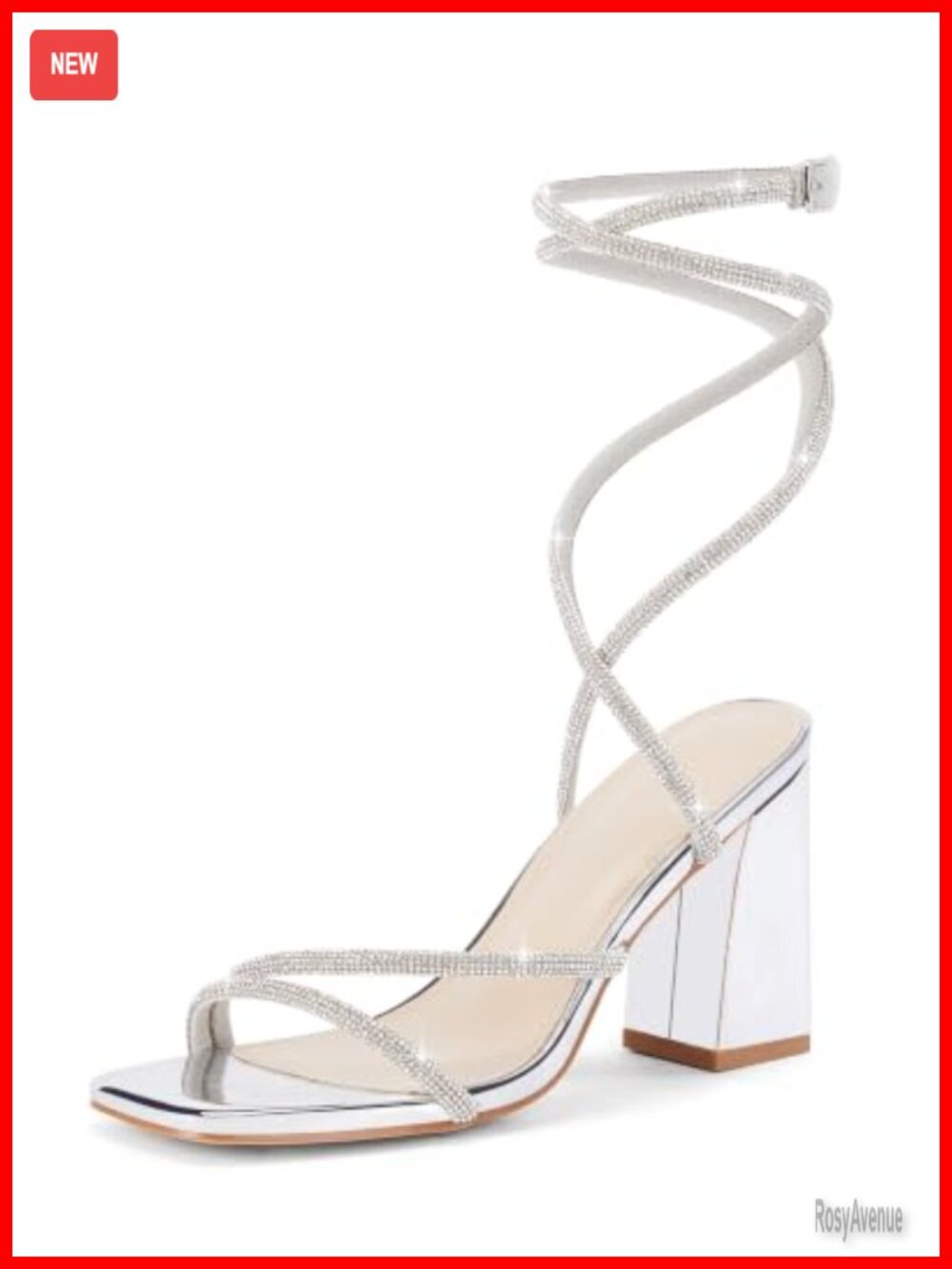 Lace Up Chunky Heels Rhinestone Sandals Square Open Toe Faux Leather